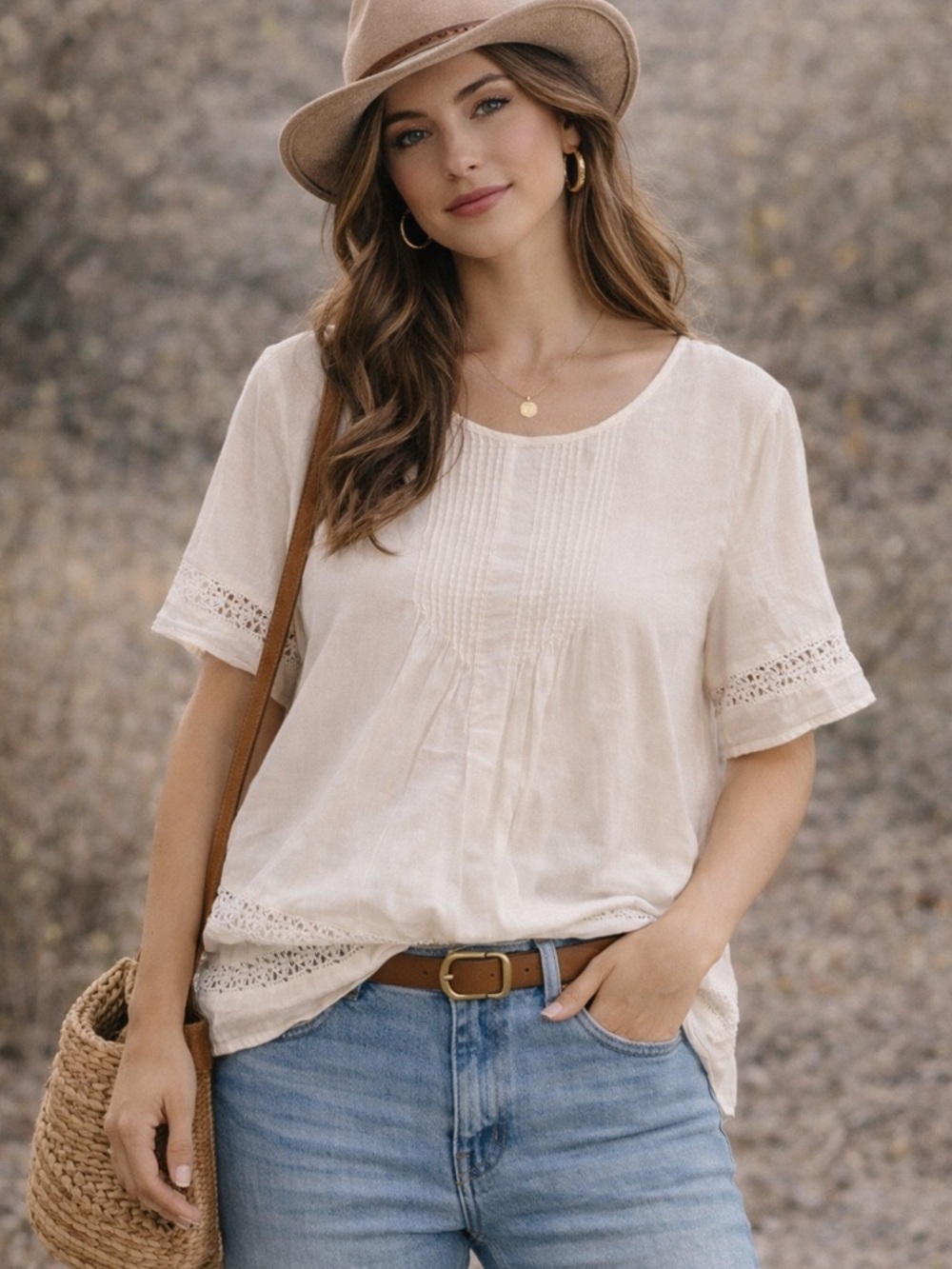Old Navy Cream Boho Lace Trim Blouse Peasant Top Size Large
